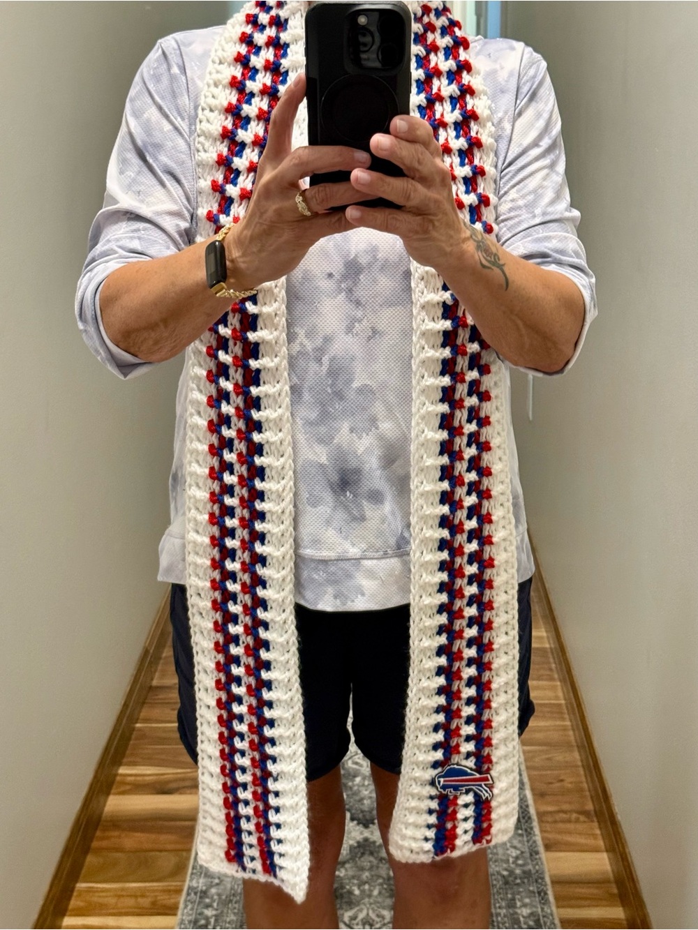 Team inspired Buffalo Bills White Crochet Scarf with Red and Blue Stripes